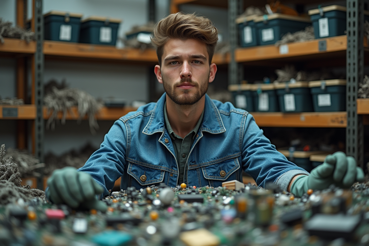 Jeune homme inspectant des déchets électroniques dans un centre de recyclage