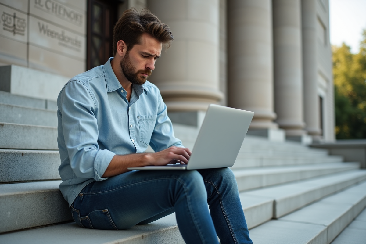 Jeune homme assis sur des marches de cour avec ordinateur portable