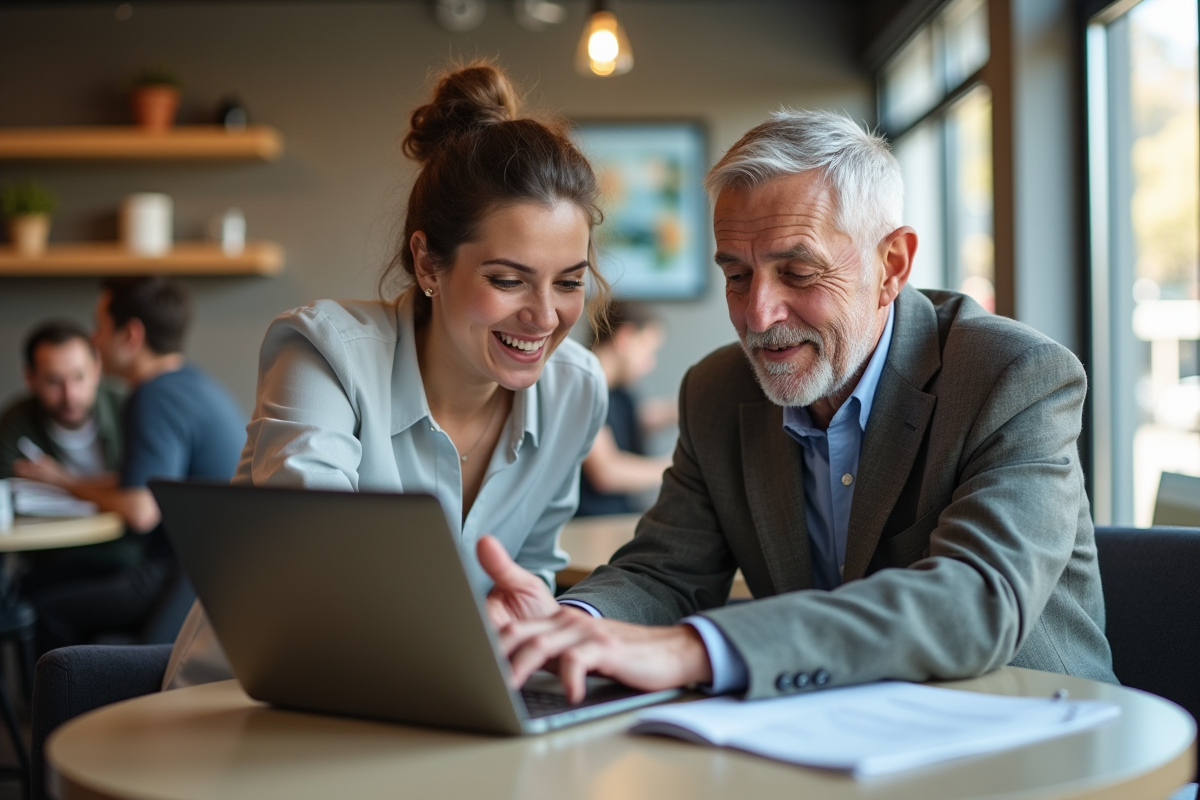 Jeune en café recevant conseils d un mentor souriant
