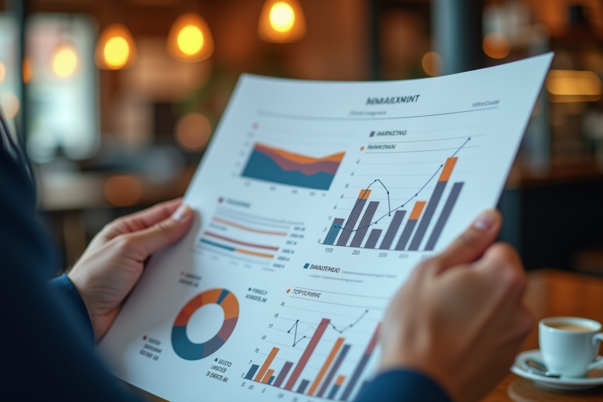 Main tenant un rapport avec graphiques marketing dans un café