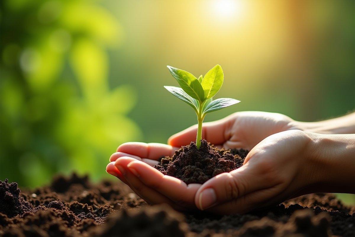 Main tenant une jeune pousse dans compost riche et biodégradable