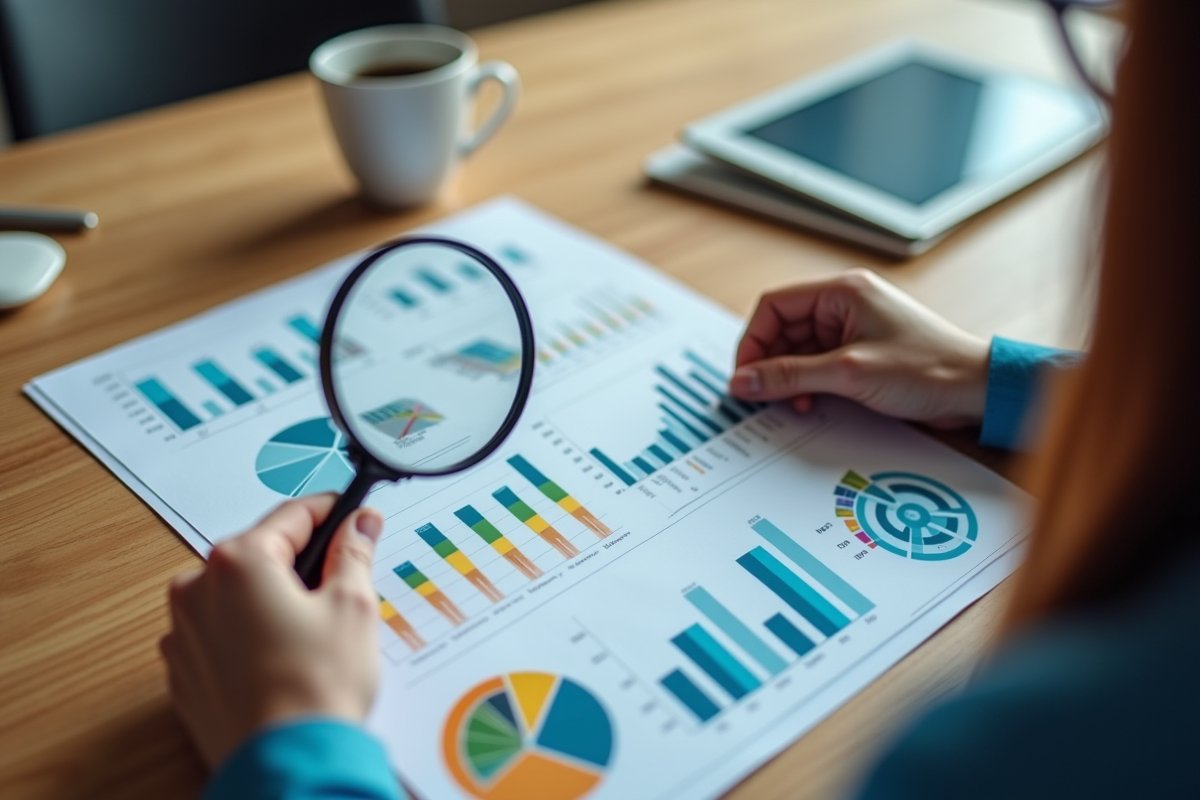 Mains tenant un rapport marketing avec graphiques colorés sur une table en bois