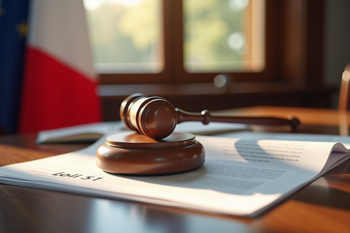 Gourdin de juge sur des papiers officiels avec drapeau français en arrière-plan