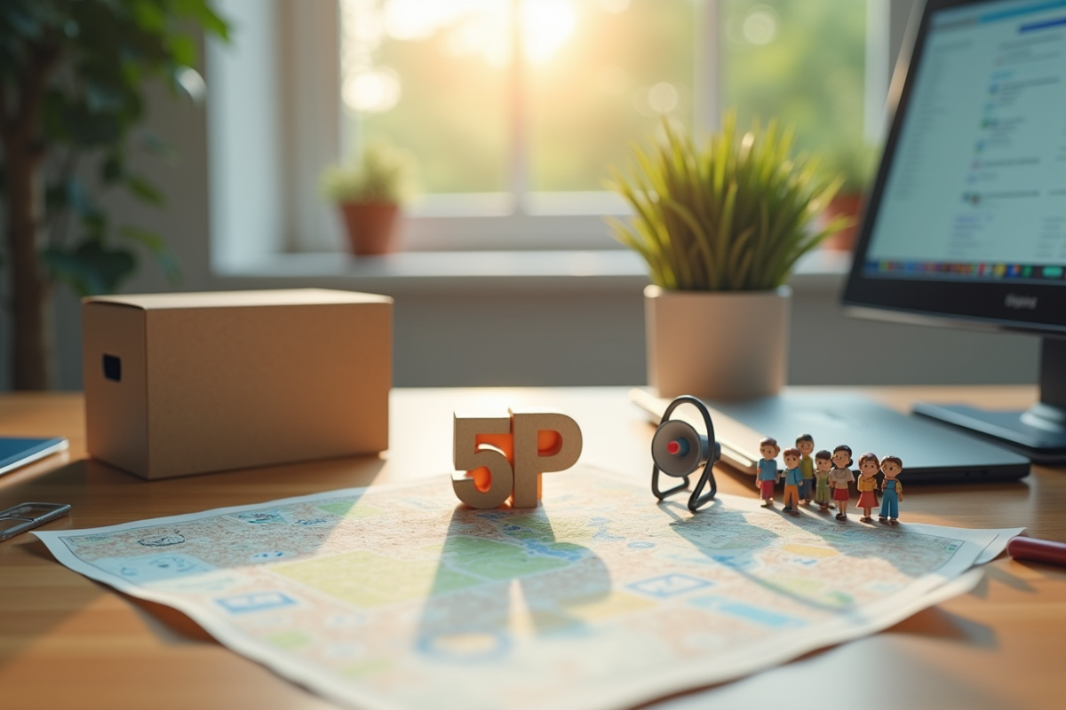 Objets représentant les 5Ps sur un bureau créatif