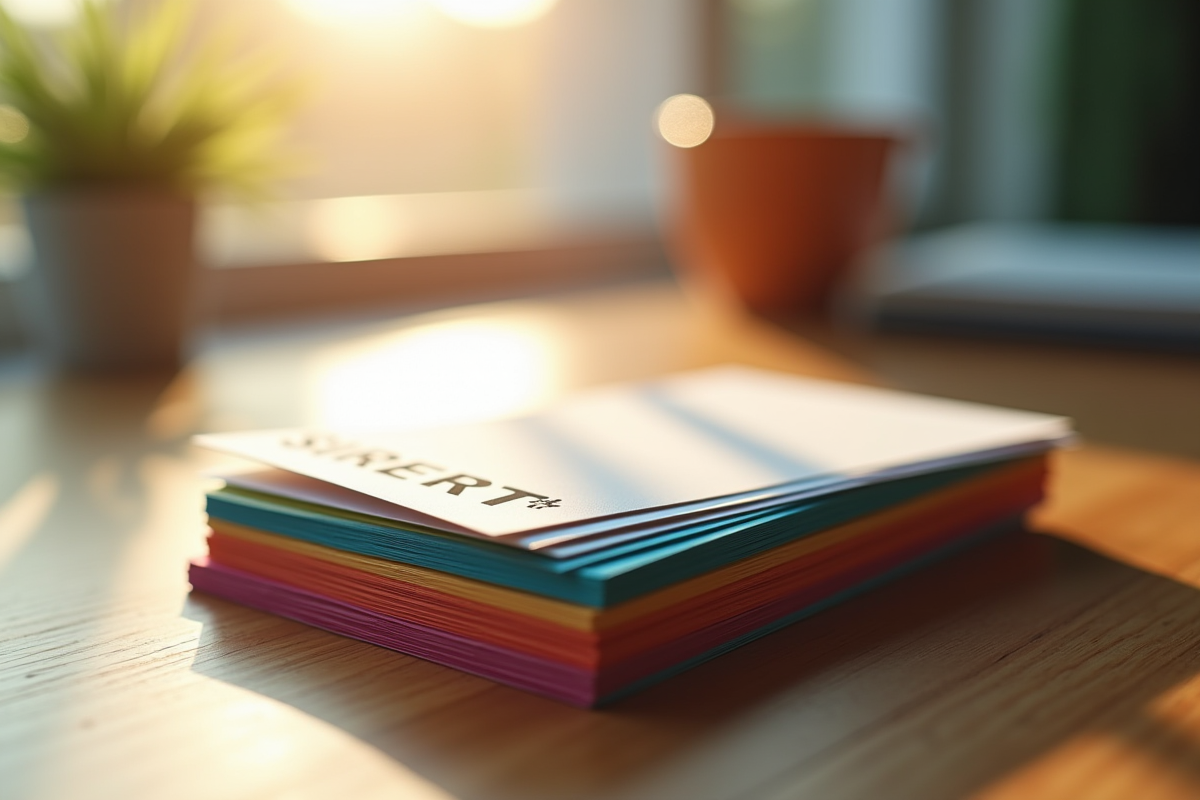 Gros plan sur une pile de cartes de visite colorées avec SIRET en focus