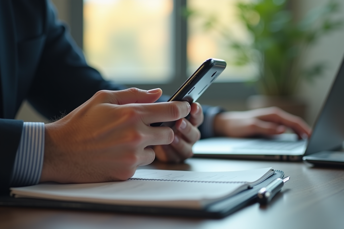 Mains utilisant un enregistreur vocal sur smartphone lors d une réunion