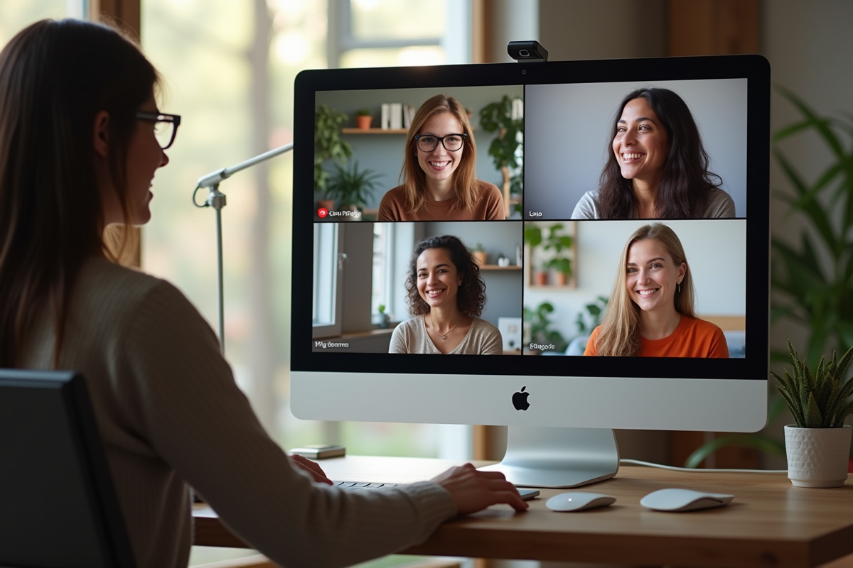 Groupe diversifié en visioconference dans un espace moderne