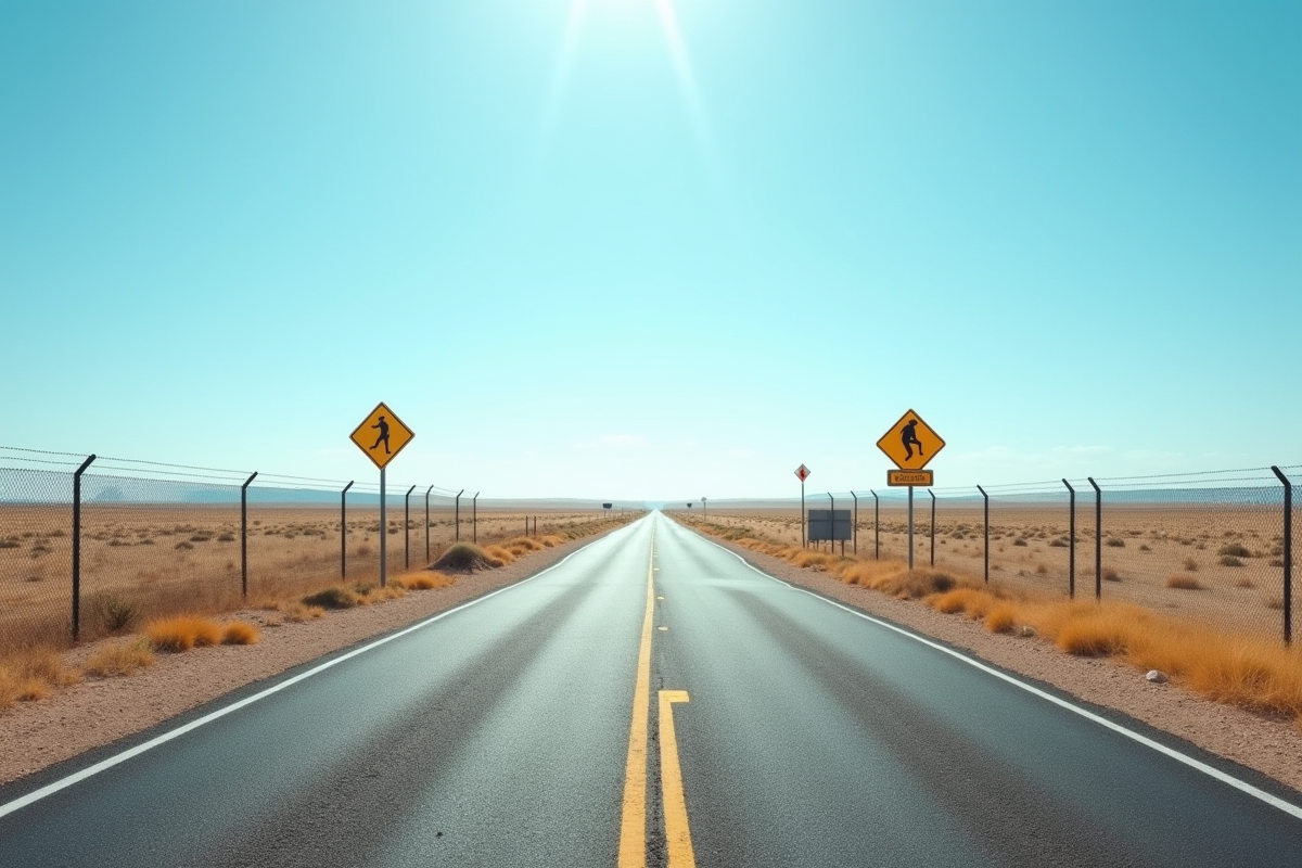 Route se terminant par une barrière avec panneaux d