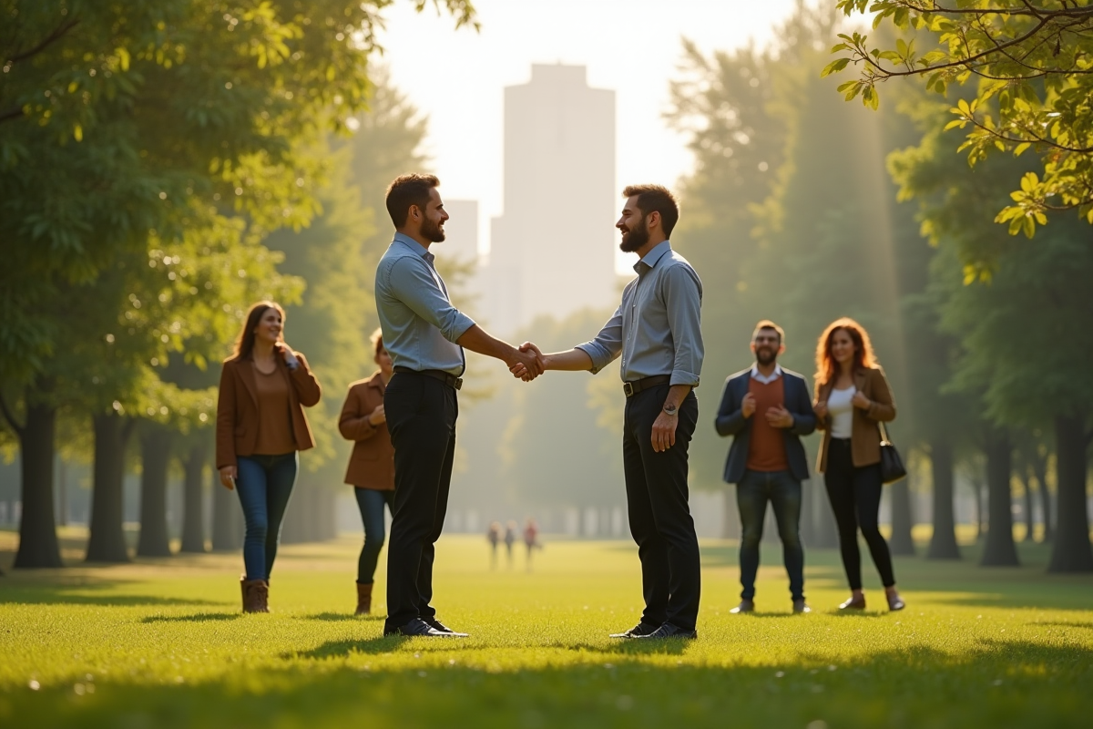 Deux personnes se serrant la main dans un parc ensoleille