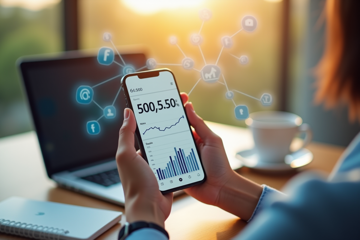 Main tenant un smartphone avec statistiques réseaux sociaux