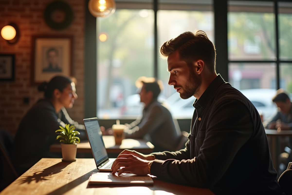 Personne concentrée travaillant sur un ordinateur portable au café