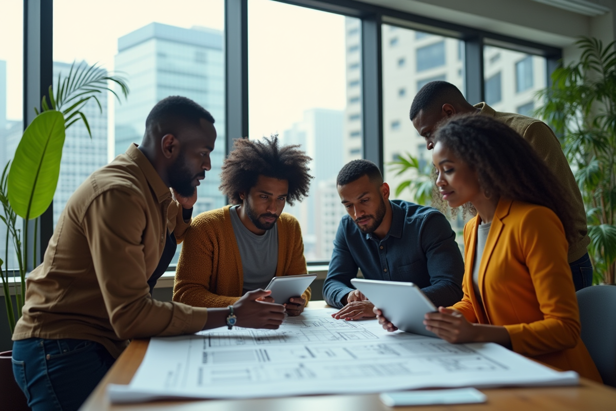 Urbanistes et citoyens africains collaborant sur des plans urbains