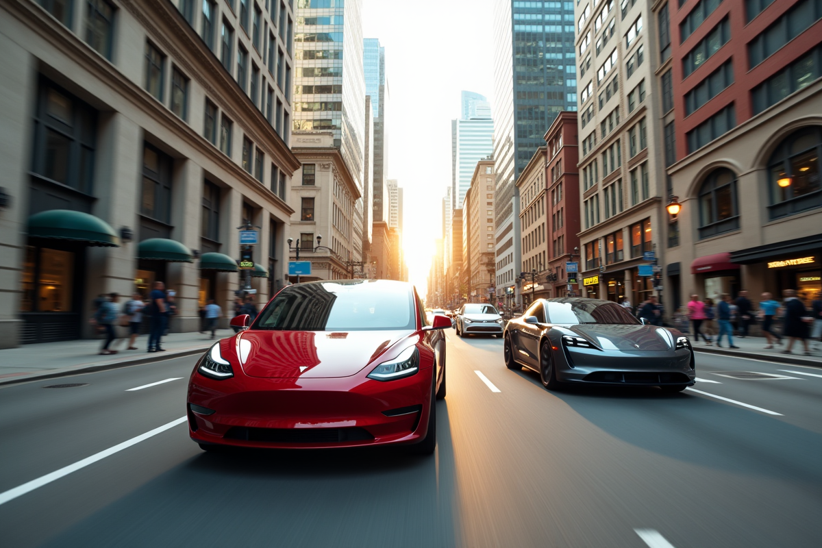 Voitures électriques en ville avec Tesla Model 3 et autres